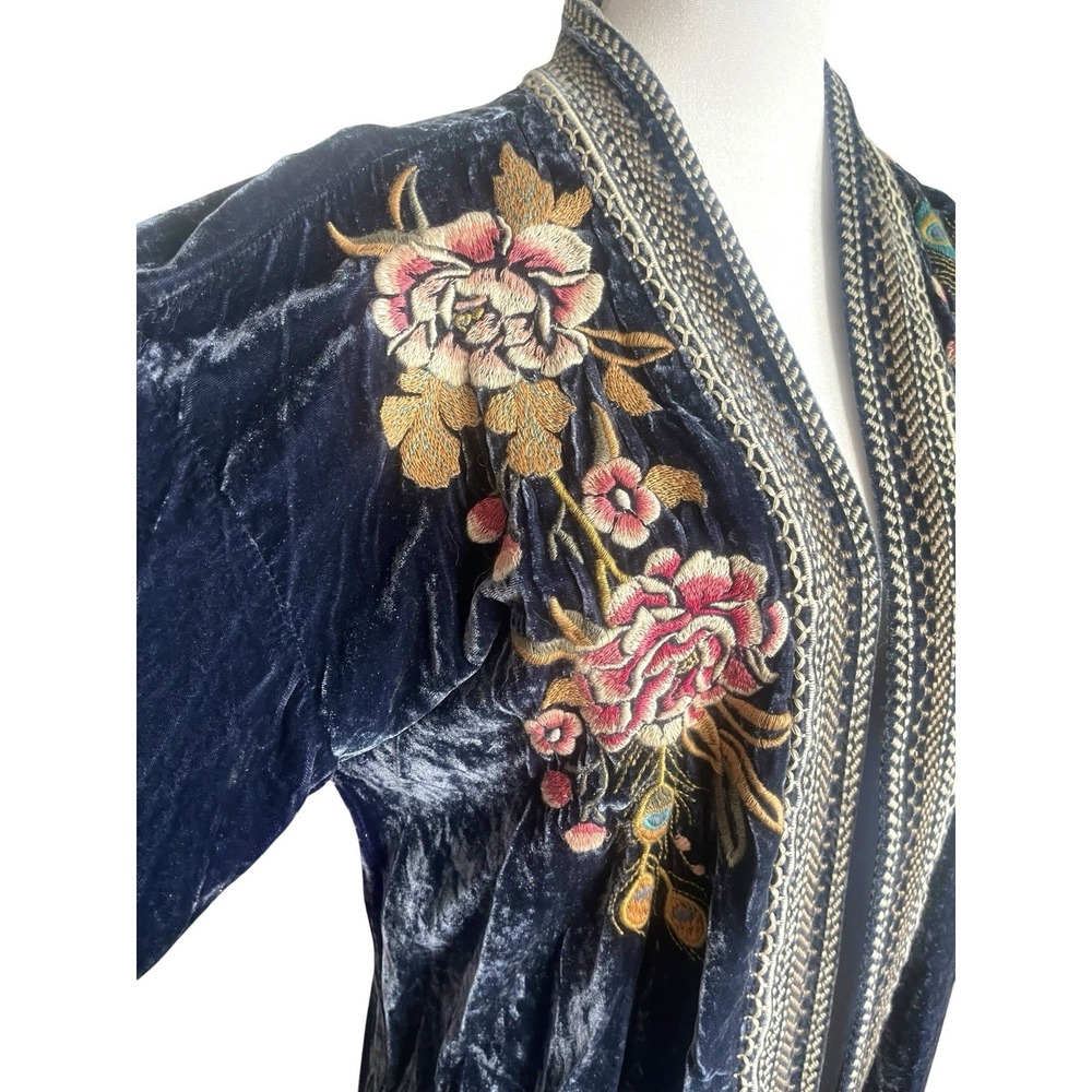 Johnny Was Quito Velvet Silk Navy Blue Kimono Duster Peacock Embroidered Sz S - Picture 10 of 16